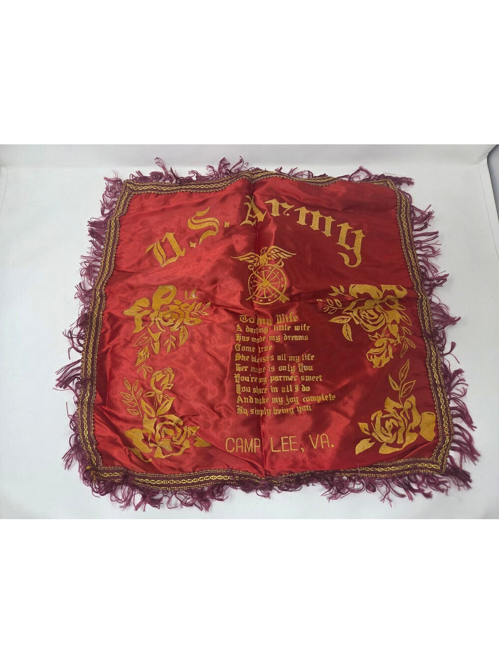U.S. Army Camp Lee Virginia Souvenir Silk Pillow Sham With Fringe Decorative